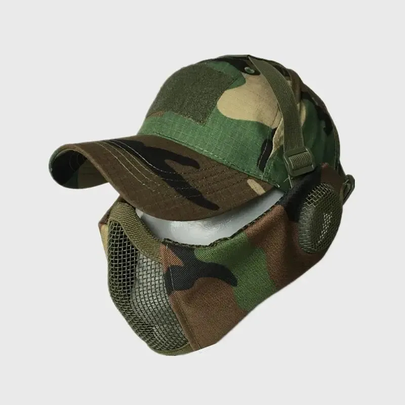 Tactical Foldable Masks Baseball Cap Adjustable Paintball Half Face Ow-Carbon Steel Mesh Mask Ear Protective for Airsoft Hunting