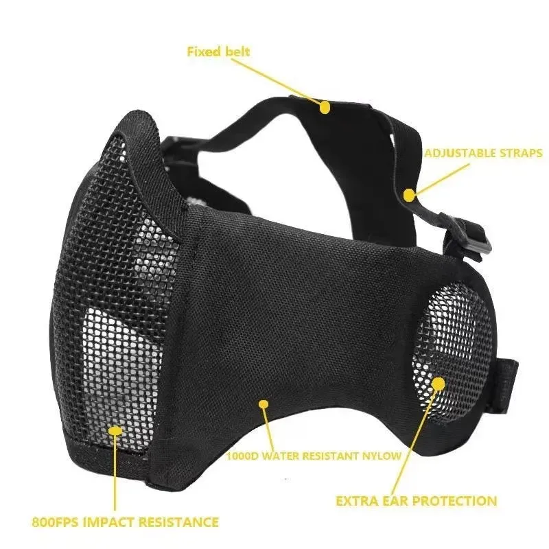 Tactical Foldable Masks Baseball Cap Adjustable Paintball Half Face Ow-Carbon Steel Mesh Mask Ear Protective for Airsoft Hunting