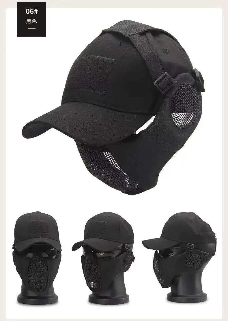 Tactical Foldable Masks Baseball Cap Adjustable Paintball Half Face Ow-Carbon Steel Mesh Mask Ear Protective for Airsoft Hunting