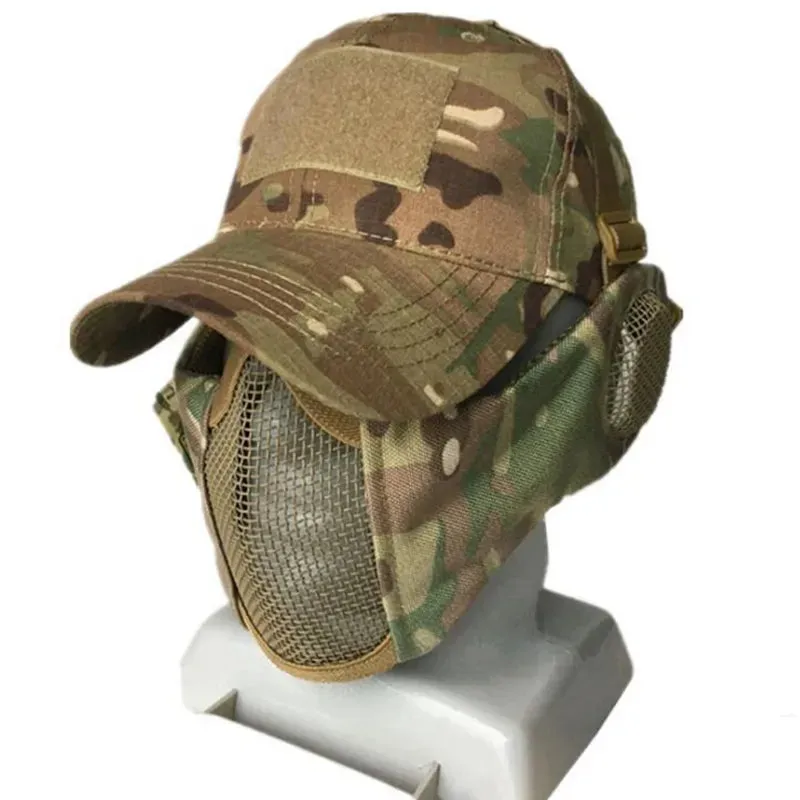 Tactical Foldable Masks Baseball Cap Adjustable Paintball Half Face Ow-Carbon Steel Mesh Mask Ear Protective for Airsoft Hunting