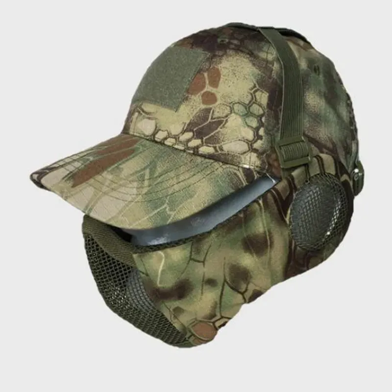 Tactical Foldable Masks Baseball Cap Adjustable Paintball Half Face Ow-Carbon Steel Mesh Mask Ear Protective for Airsoft Hunting