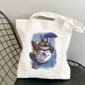 Totoro White Canvas Tote Bag, Shoulder Tote Bag, Shopping Bag