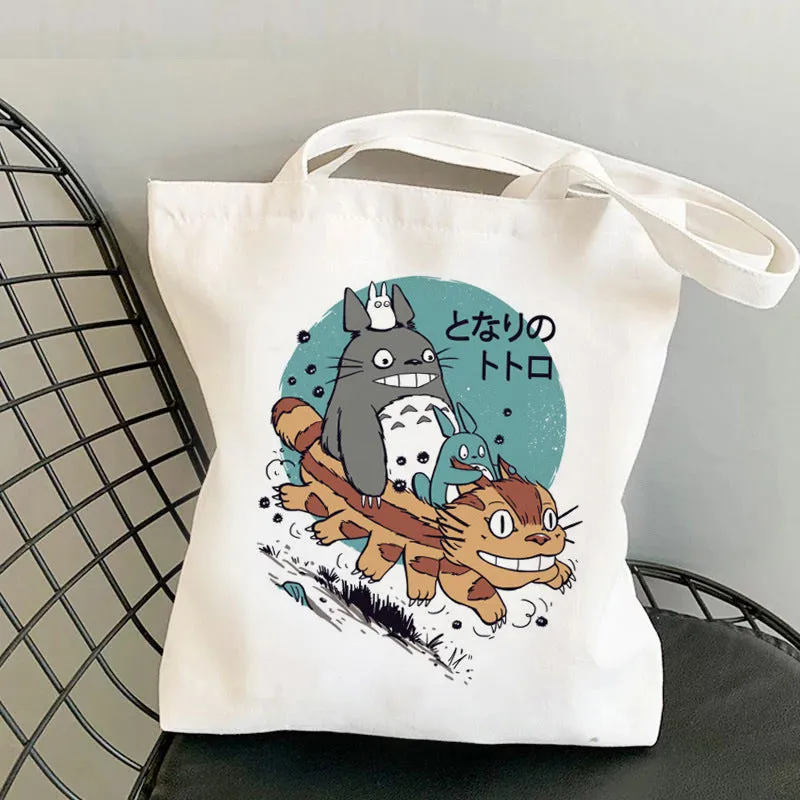 Totoro White Canvas Tote Bag, Shoulder Tote Bag, Shopping Bag