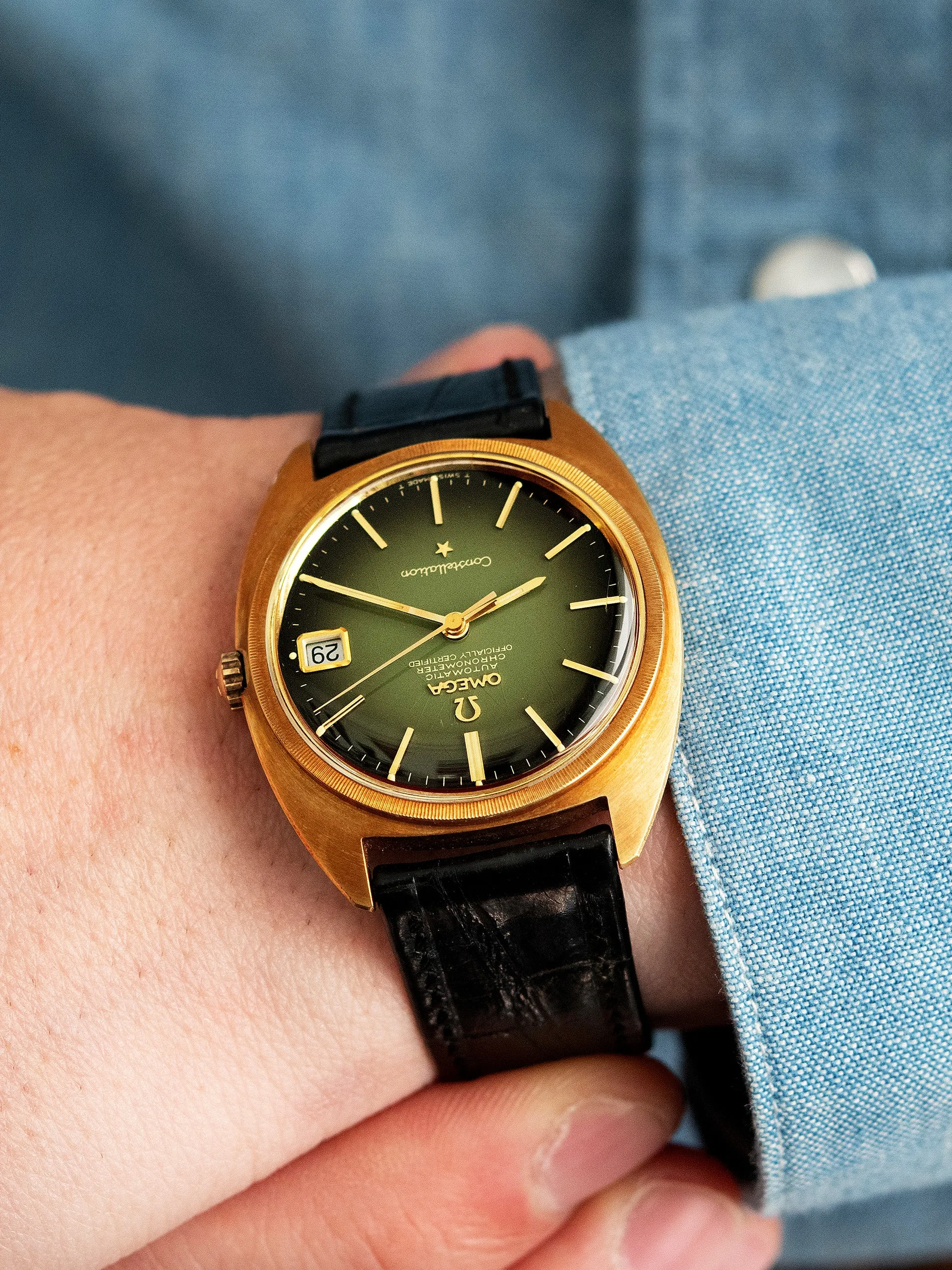 *Unpolished* 1968 Omega Seamaster 18K YG (Ref. 168.009) Green  Lacquer Vignette Dial W/ Box