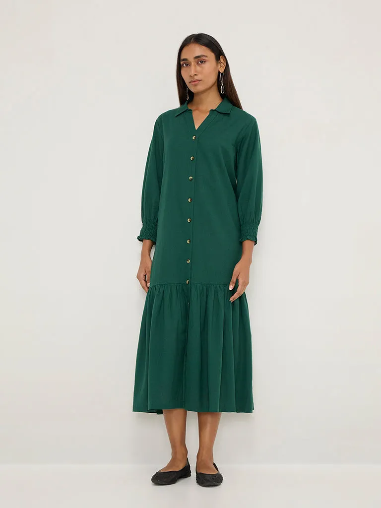 Utsa Dark Green Solid Drop-Waist Dress