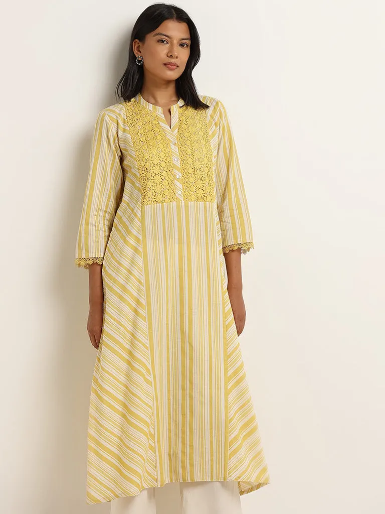 Utsa Yellow Stripe Printed Cotton Blend A-Line Kurta