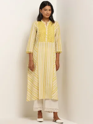 Utsa Yellow Stripe Printed Cotton Blend A-Line Kurta