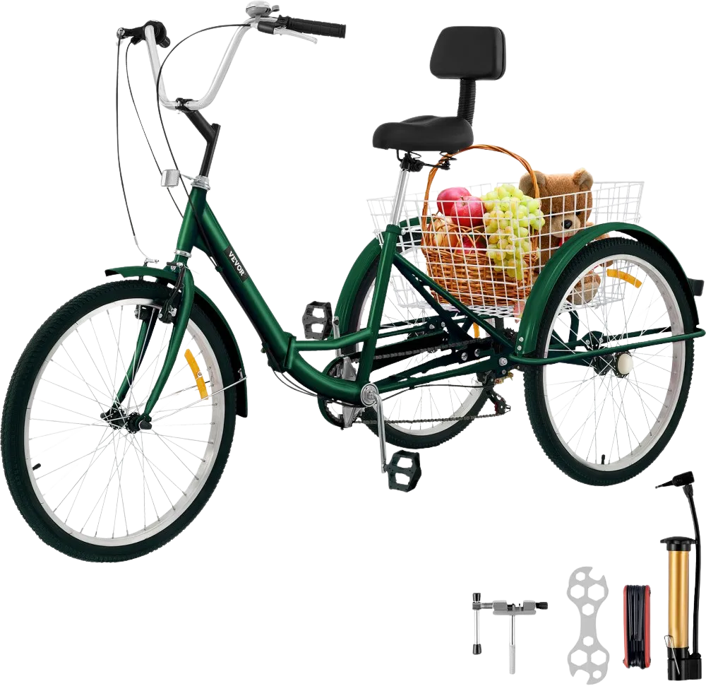 Vevor Adult Tricycle 24" Foldable 7-Speed Carbon Steel with Backrest Seat Cushion and Basket New