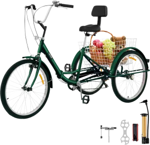 Vevor Adult Tricycle 24" Foldable 7-Speed Carbon Steel with Backrest Seat Cushion and Basket New