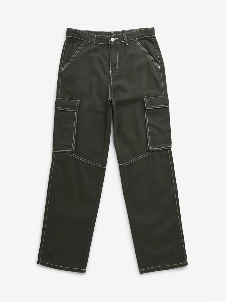 Y&F Kids Olive Cargo-Style Mid-Rise Cotton Trousers