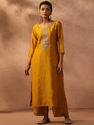 Yellow Embroidered Silk Straight Kurta