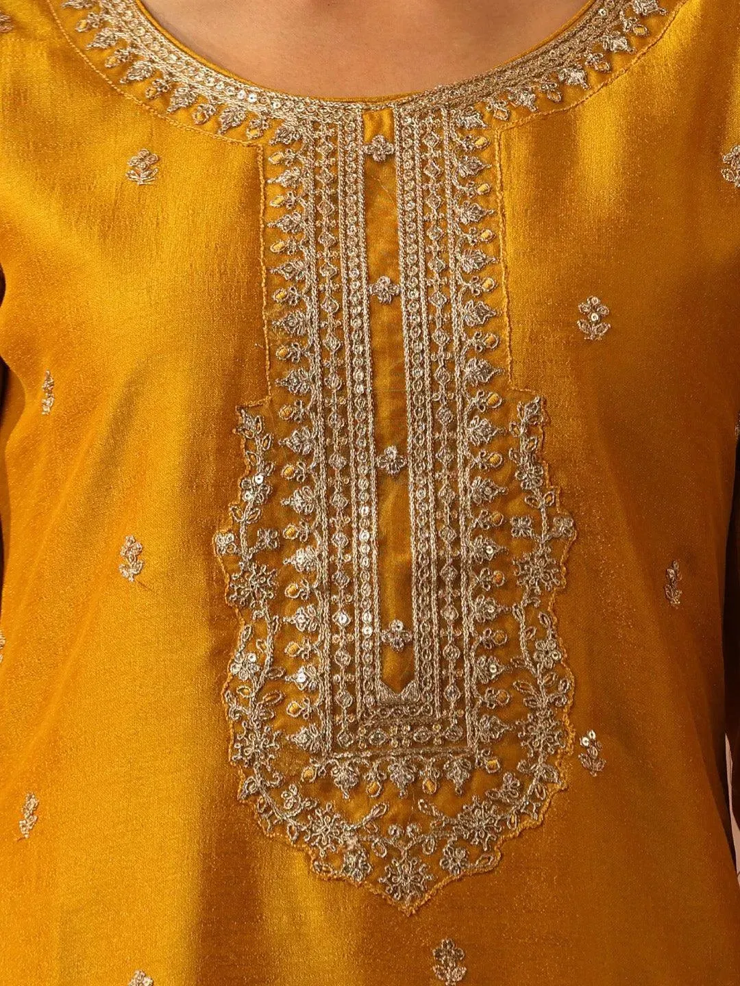 Yellow Embroidered Silk Straight Kurta