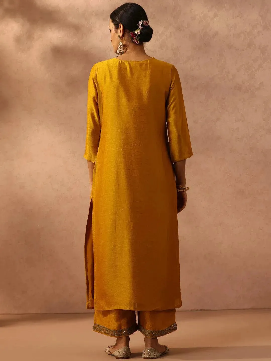 Yellow Embroidered Silk Straight Kurta