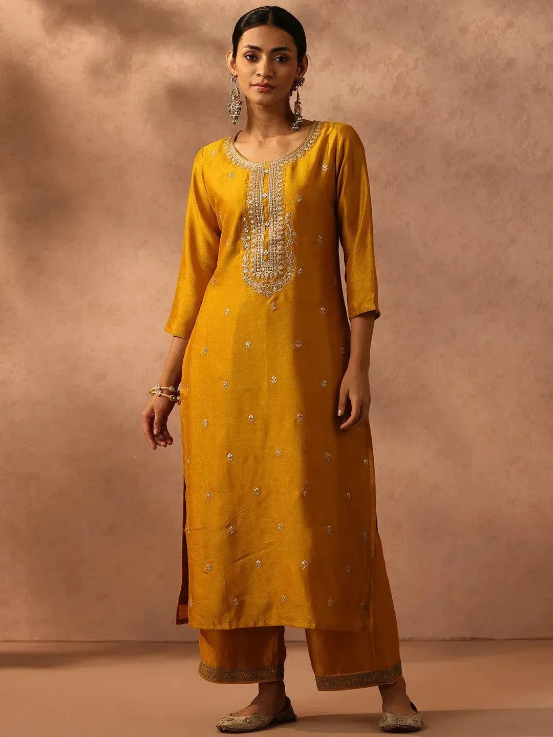 Yellow Embroidered Silk Straight Kurta